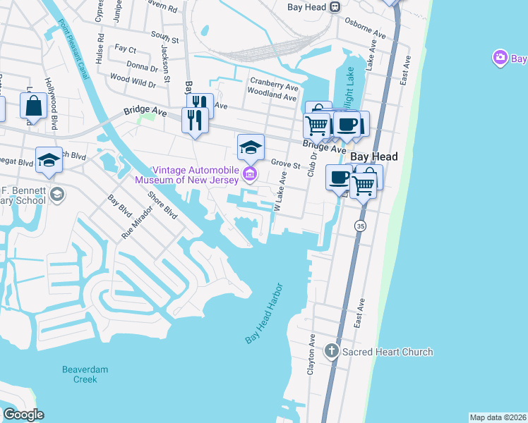 map of restaurants, bars, coffee shops, grocery stores, and more near 67 Bay Point Harbour in Point Pleasant