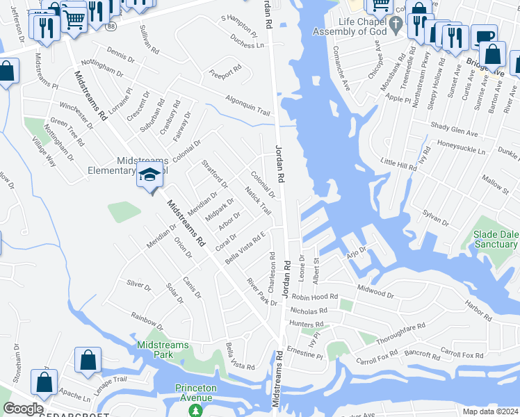 map of restaurants, bars, coffee shops, grocery stores, and more near 138 Natick Trail in Brick Township