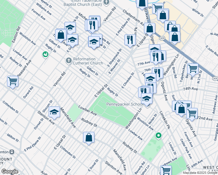 map of restaurants, bars, coffee shops, grocery stores, and more near 7643 Rugby Street in Philadelphia