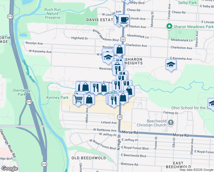 map of restaurants, bars, coffee shops, grocery stores, and more near 5155 North High Street in Columbus