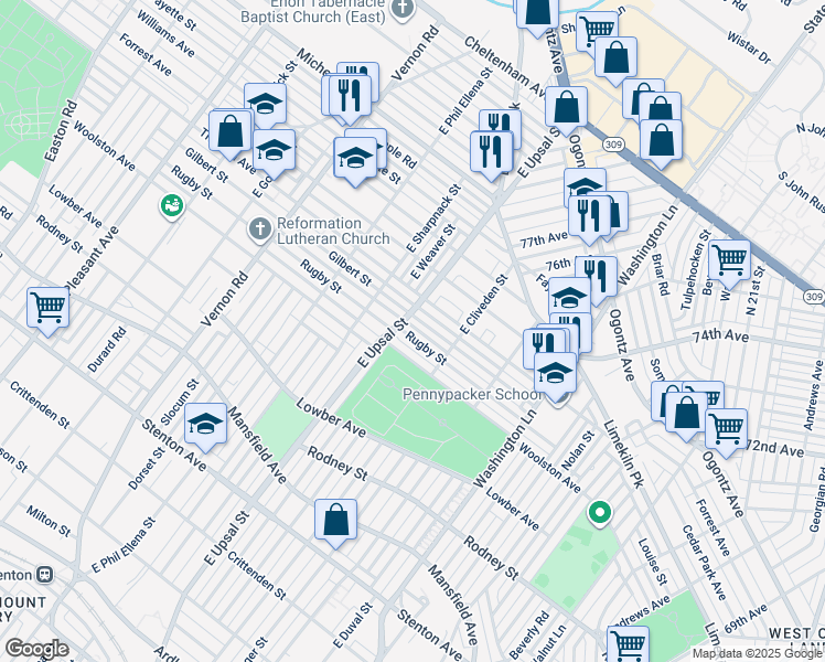 map of restaurants, bars, coffee shops, grocery stores, and more near 7645 Rugby Street in Philadelphia