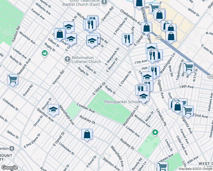 map of restaurants, bars, coffee shops, grocery stores, and more near 7645 Rugby Street in Philadelphia