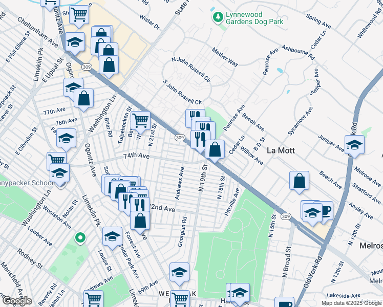 map of restaurants, bars, coffee shops, grocery stores, and more near 7424 Georgian Road in Philadelphia