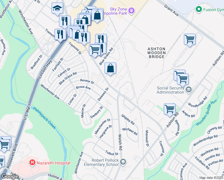 map of restaurants, bars, coffee shops, grocery stores, and more near 2662 Welsh Road in Philadelphia