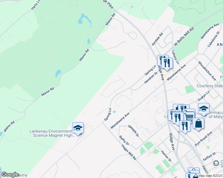 map of restaurants, bars, coffee shops, grocery stores, and more near 9008 Sycamore Lane in Philadelphia