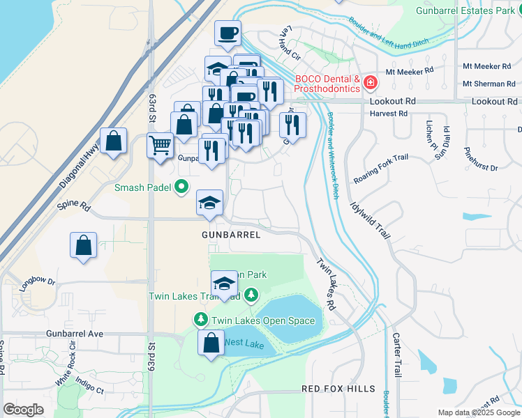 map of restaurants, bars, coffee shops, grocery stores, and more near 5131 Williams Fork Trail in Boulder