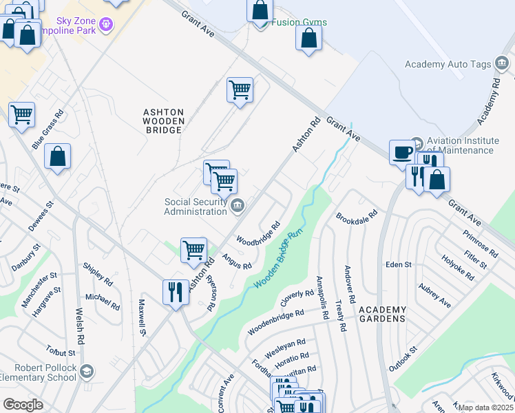 map of restaurants, bars, coffee shops, grocery stores, and more near 9475 Ashton Road in Philadelphia