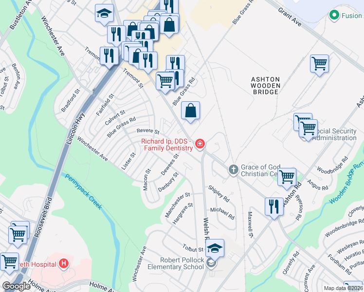 map of restaurants, bars, coffee shops, grocery stores, and more near 8948 Dewees Street in Philadelphia