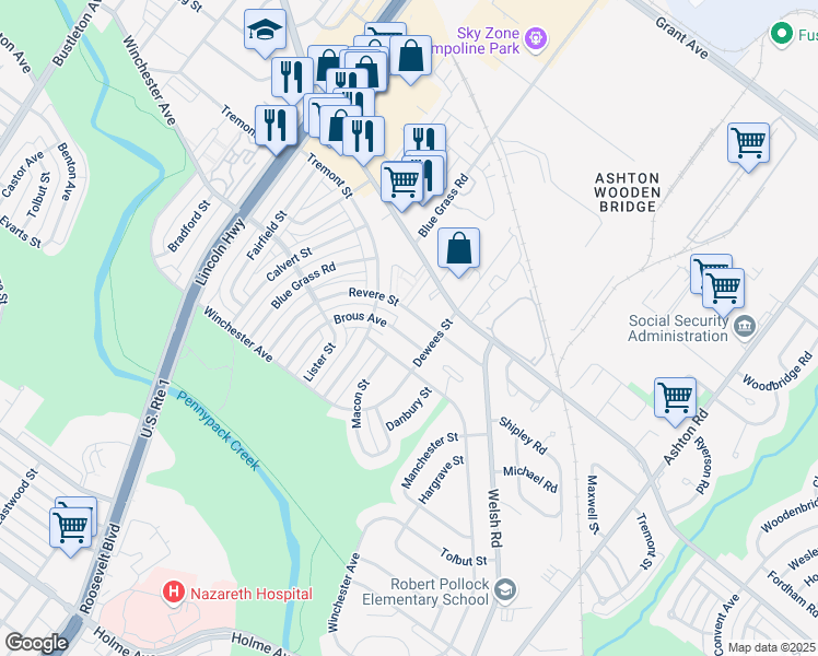 map of restaurants, bars, coffee shops, grocery stores, and more near 9029 Revere Street in Philadelphia