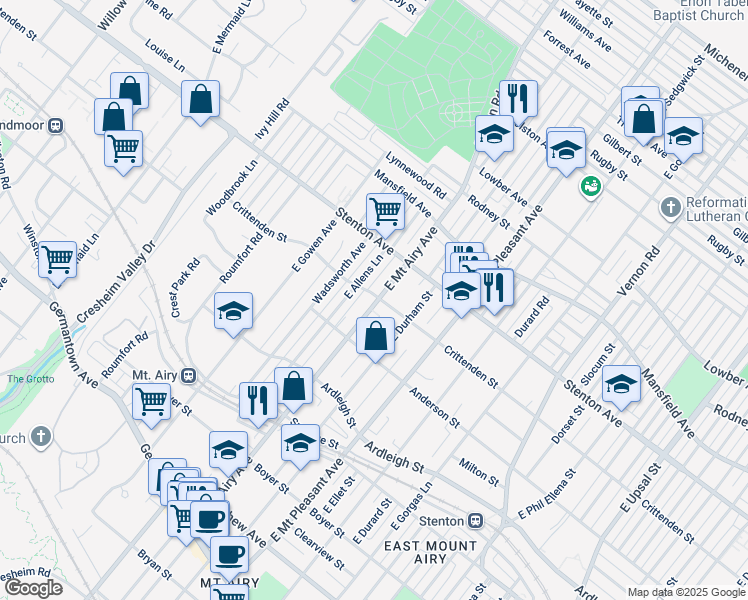 map of restaurants, bars, coffee shops, grocery stores, and more near 603 East Mount Airy Avenue in Philadelphia