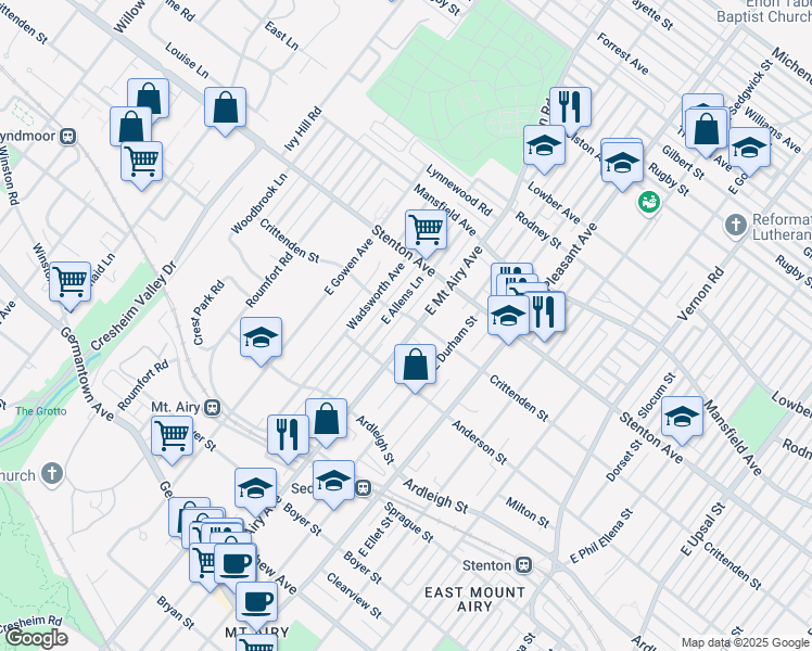 map of restaurants, bars, coffee shops, grocery stores, and more near 603 East Mount Airy Avenue in Philadelphia