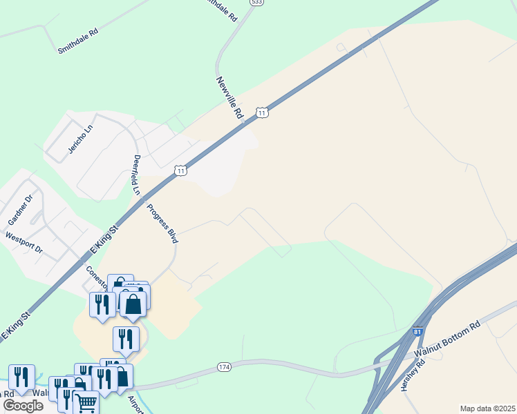 map of restaurants, bars, coffee shops, grocery stores, and more near 123 Blackbird Lane in Shippensburg