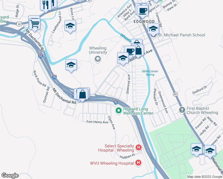 map of restaurants, bars, coffee shops, grocery stores, and more near 1309 Mills Avenue in Wheeling