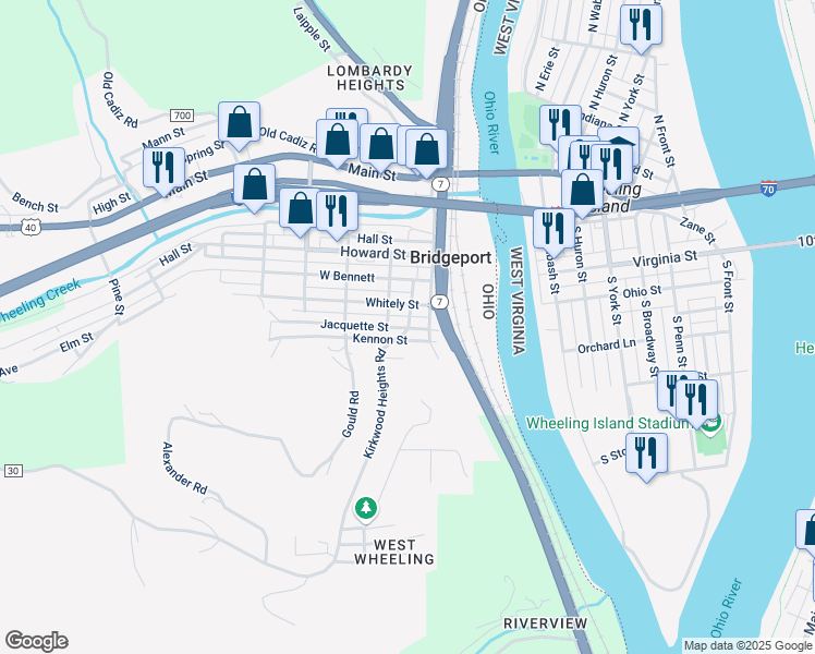 map of restaurants, bars, coffee shops, grocery stores, and more near 1 2 Whitely Street in Bridgeport