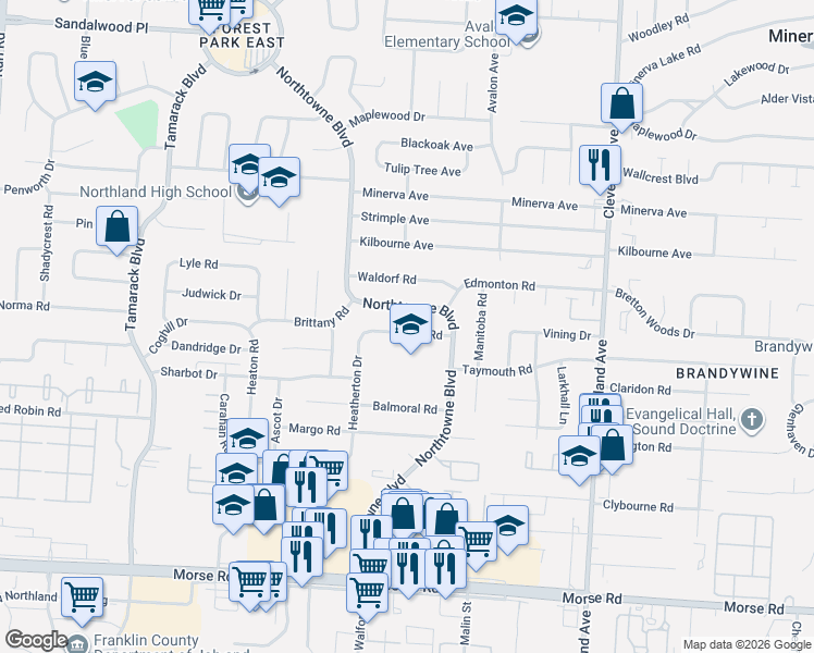 map of restaurants, bars, coffee shops, grocery stores, and more near 4877 Northtowne Boulevard in Columbus