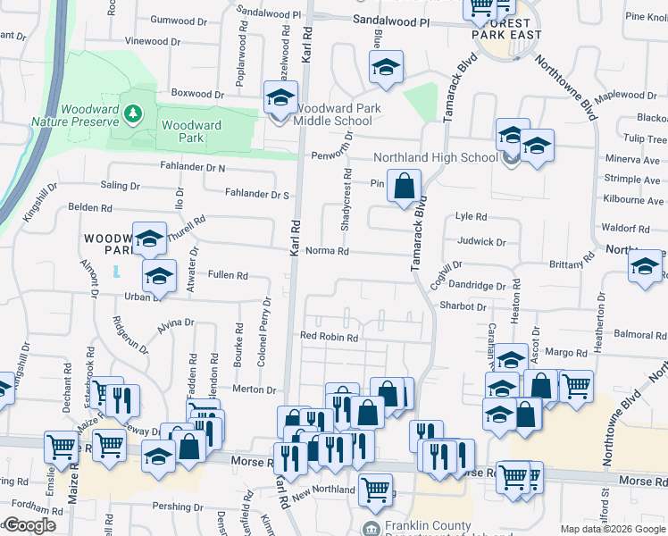 map of restaurants, bars, coffee shops, grocery stores, and more near 1601 Norma Road in Columbus