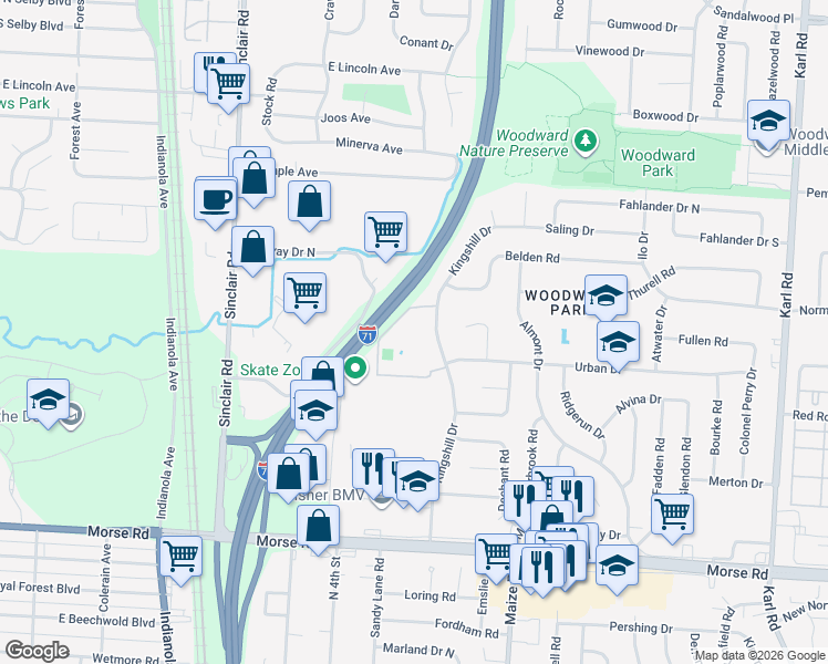 map of restaurants, bars, coffee shops, grocery stores, and more near 4998 Kingshill Drive in Columbus