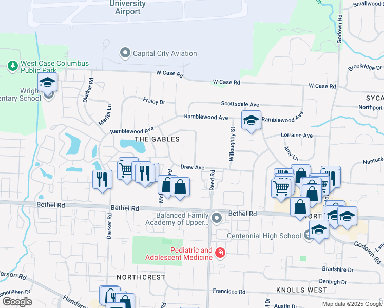 map of restaurants, bars, coffee shops, grocery stores, and more near 5468 Tinsbury Court in Columbus