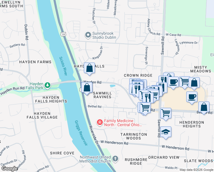 map of restaurants, bars, coffee shops, grocery stores, and more near 3156 Hayden Road in Columbus