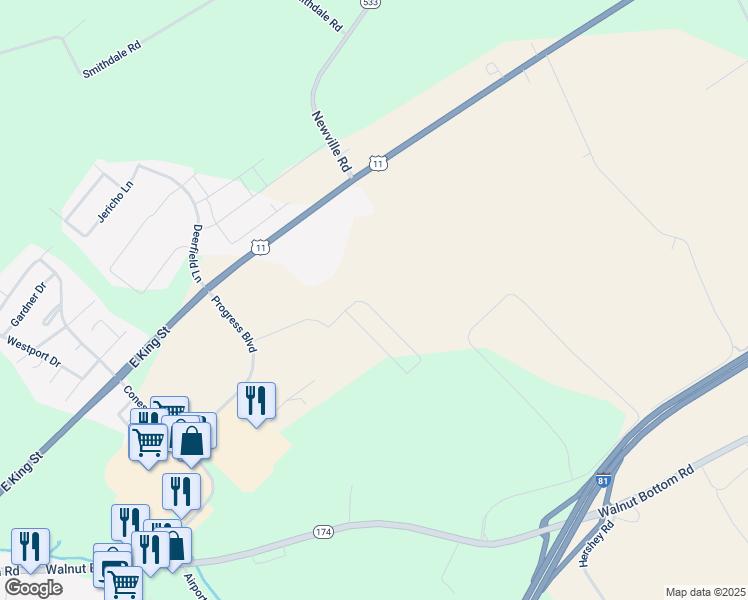 map of restaurants, bars, coffee shops, grocery stores, and more near 123 Blackbird Lane in Shippensburg