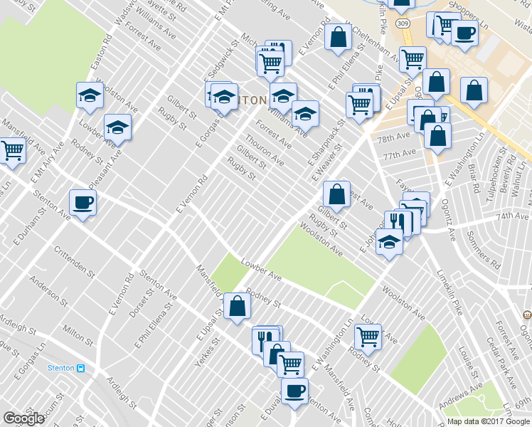 map of restaurants, bars, coffee shops, grocery stores, and more near 7808 Woolston Avenue in Philadelphia