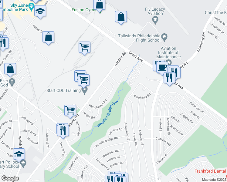 map of restaurants, bars, coffee shops, grocery stores, and more near 9481 Woodbridge Road in Philadelphia