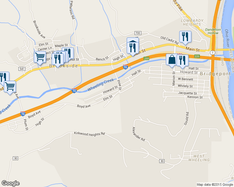 map of restaurants, bars, coffee shops, grocery stores, and more near 1125 Minellen Drive in Bridgeport