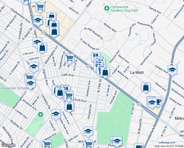map of restaurants, bars, coffee shops, grocery stores, and more near 7425 Andrews Avenue in Philadelphia