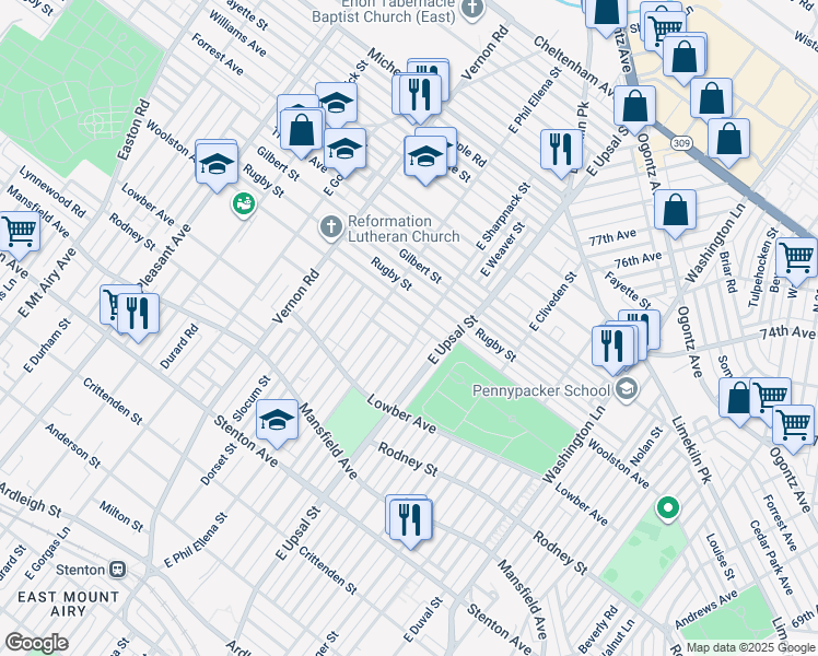 map of restaurants, bars, coffee shops, grocery stores, and more near 7808 Woolston Avenue in Philadelphia