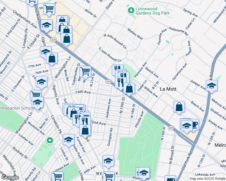 map of restaurants, bars, coffee shops, grocery stores, and more near 7425 Andrews Avenue in Philadelphia