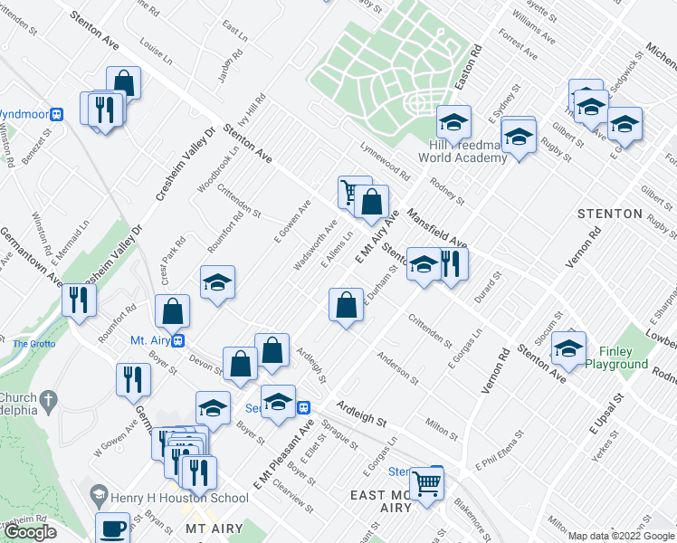 map of restaurants, bars, coffee shops, grocery stores, and more near 7200 Crittenden Street in Philadelphia