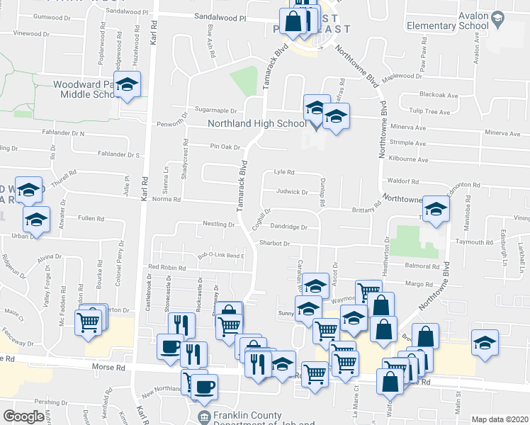 map of restaurants, bars, coffee shops, grocery stores, and more near Coghill Dr & Lyle Rd in Columbus