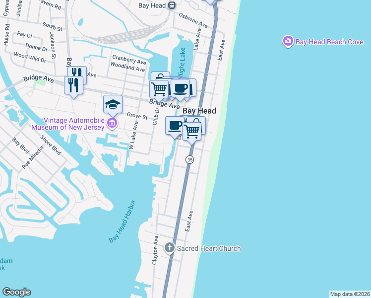 map of restaurants, bars, coffee shops, grocery stores, and more near 530 Main Avenue in Bay Head