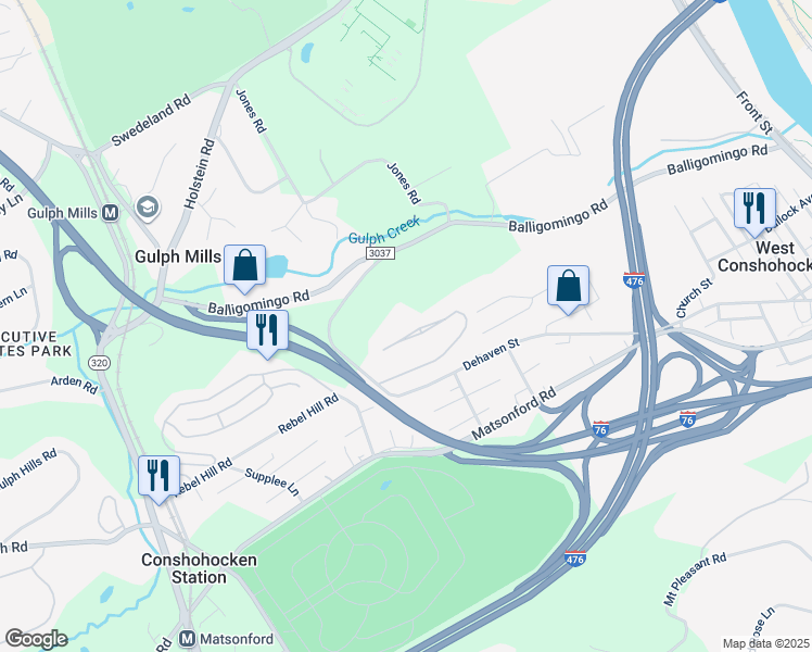 map of restaurants, bars, coffee shops, grocery stores, and more near 328 Overlook Lane in Conshohocken
