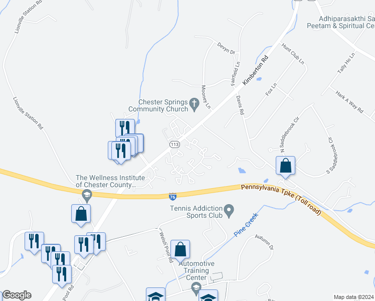 map of restaurants, bars, coffee shops, grocery stores, and more near 5313 Lister Court in Chester Springs