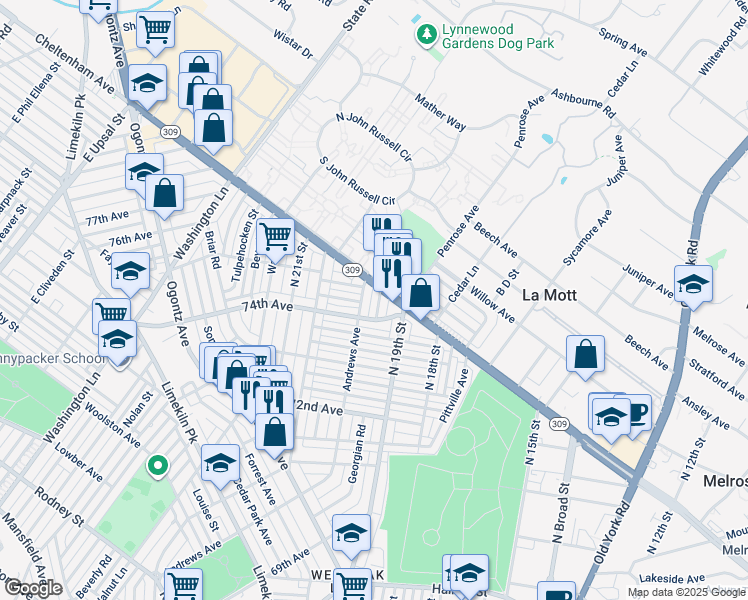 map of restaurants, bars, coffee shops, grocery stores, and more near 7426 Georgian Road in Philadelphia