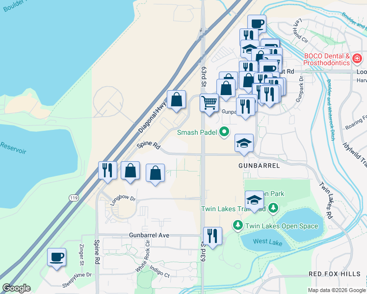 map of restaurants, bars, coffee shops, grocery stores, and more near 6201 Spine Road in Boulder