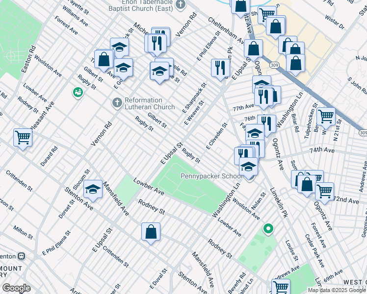 map of restaurants, bars, coffee shops, grocery stores, and more near 7649 Rugby Street in Philadelphia