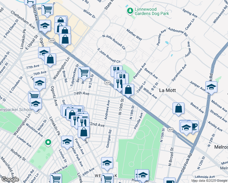map of restaurants, bars, coffee shops, grocery stores, and more near 7426 Georgian Road in Philadelphia