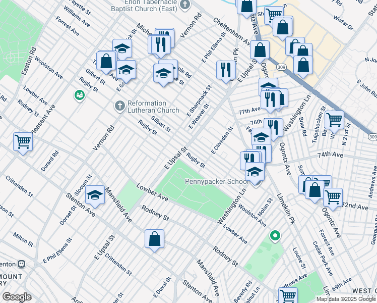 map of restaurants, bars, coffee shops, grocery stores, and more near 7649 Rugby Street in Philadelphia