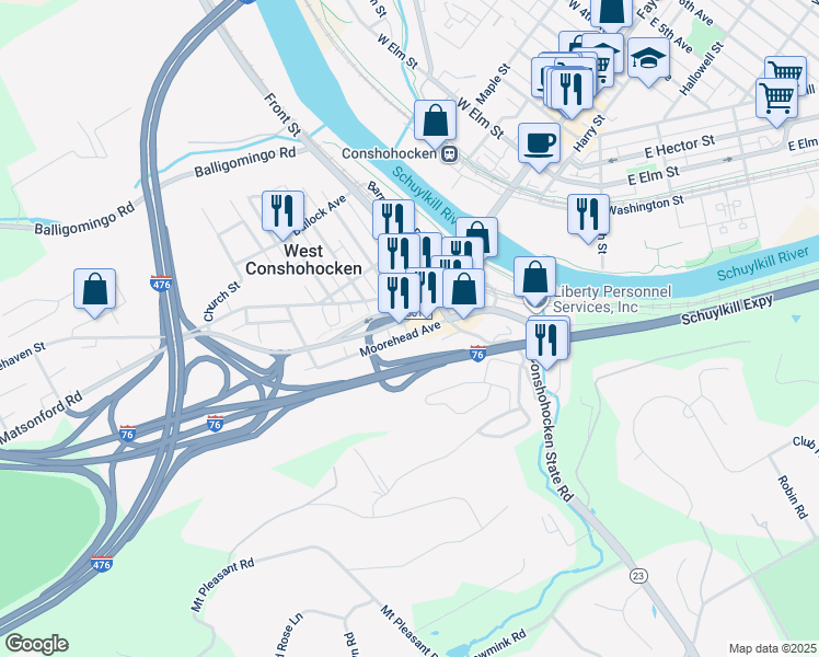 map of restaurants, bars, coffee shops, grocery stores, and more near 122 Moorehead Avenue in Conshohocken