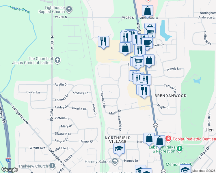 map of restaurants, bars, coffee shops, grocery stores, and more near 1016 Redwood Drive in Lebanon