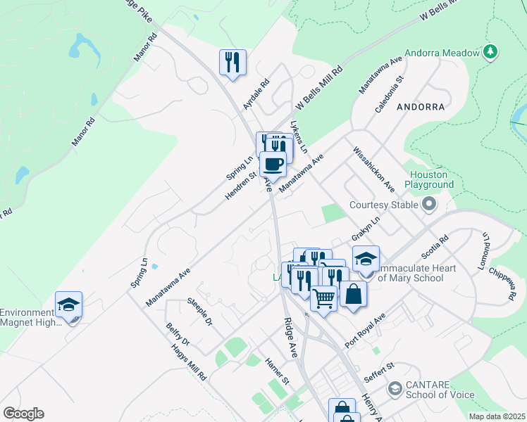 map of restaurants, bars, coffee shops, grocery stores, and more near 763 Manatawna Avenue in Philadelphia