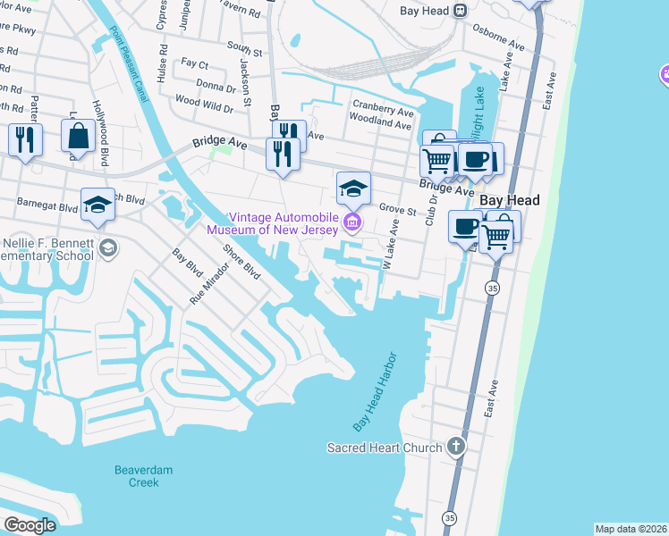 map of restaurants, bars, coffee shops, grocery stores, and more near 72 Bay Point Harbour in Point Pleasant