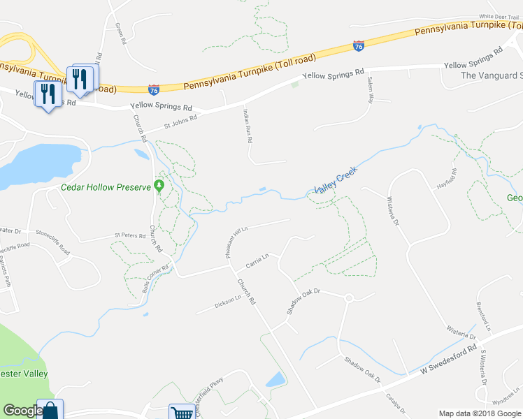 map of restaurants, bars, coffee shops, grocery stores, and more near 2341 Pheasant Hill Lane in Malvern