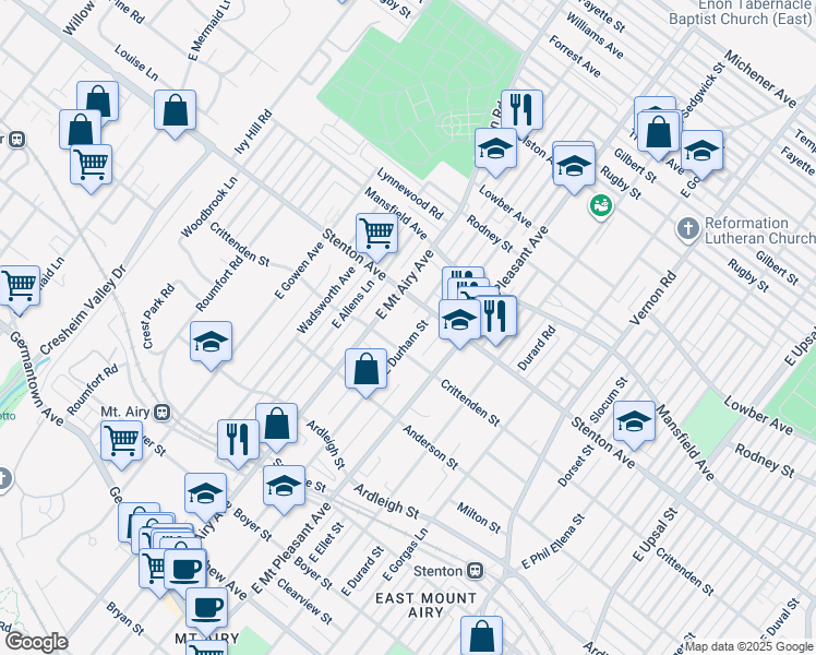 map of restaurants, bars, coffee shops, grocery stores, and more near 607 East Durham Street in Philadelphia
