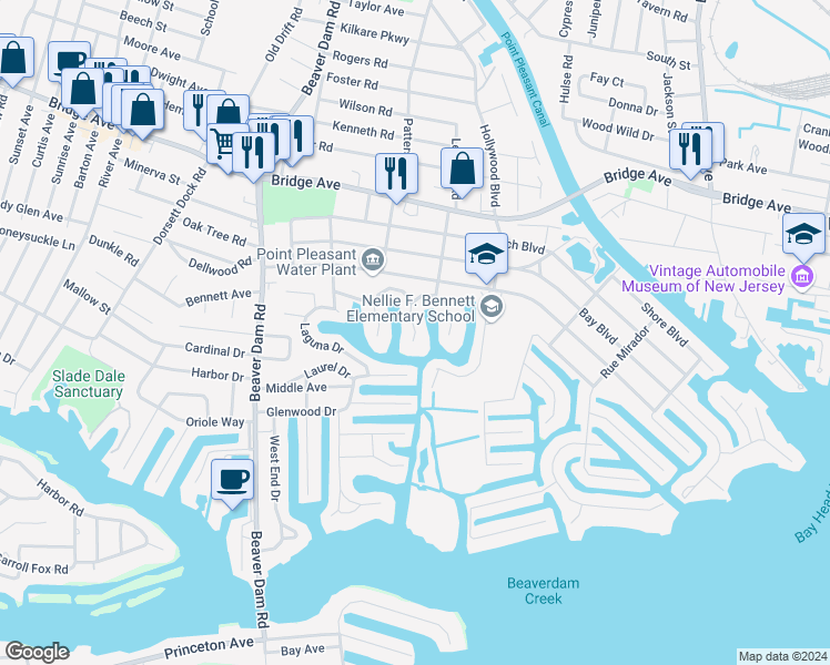map of restaurants, bars, coffee shops, grocery stores, and more near 1511 Bel Aire Court West in Point Pleasant