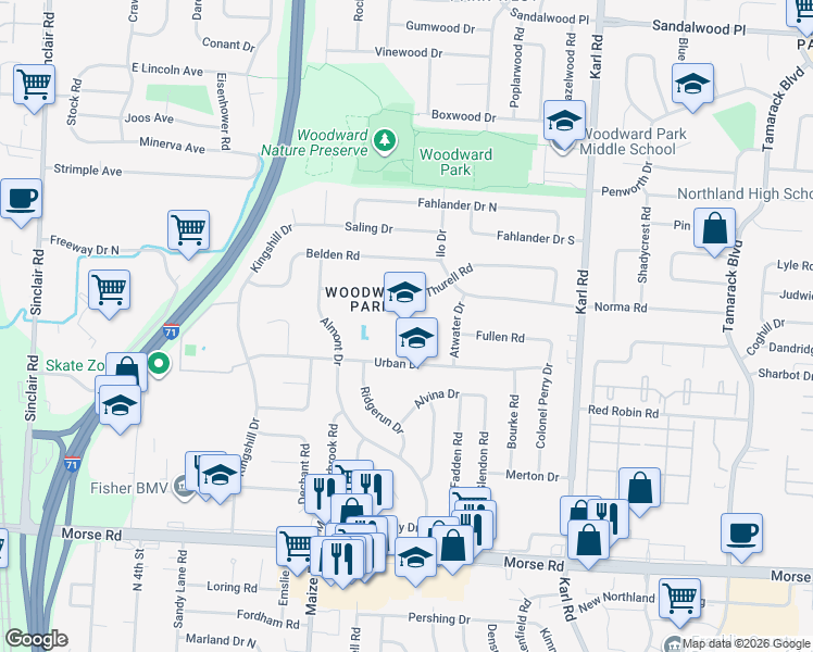 map of restaurants, bars, coffee shops, grocery stores, and more near 1300 Urban Drive in Columbus