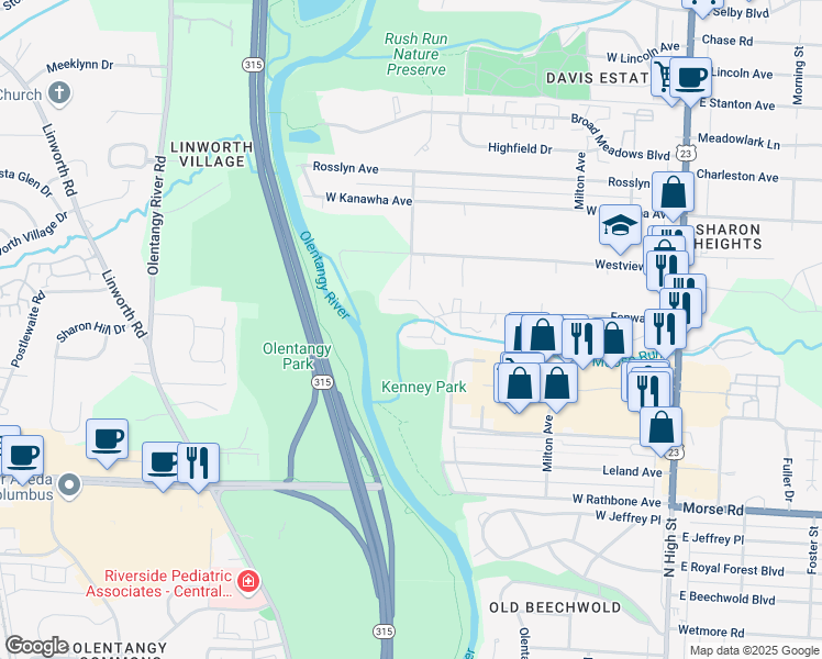 map of restaurants, bars, coffee shops, grocery stores, and more near 384 Olentangy Forest Drive in Columbus