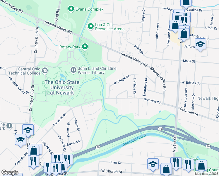 map of restaurants, bars, coffee shops, grocery stores, and more near West Village Drive in Newark